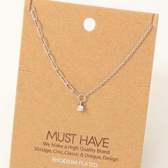 RHODIUM PLATED TWO CHAIN RHINESTONE PENDANT NECKLACE - Picture 1 of 1